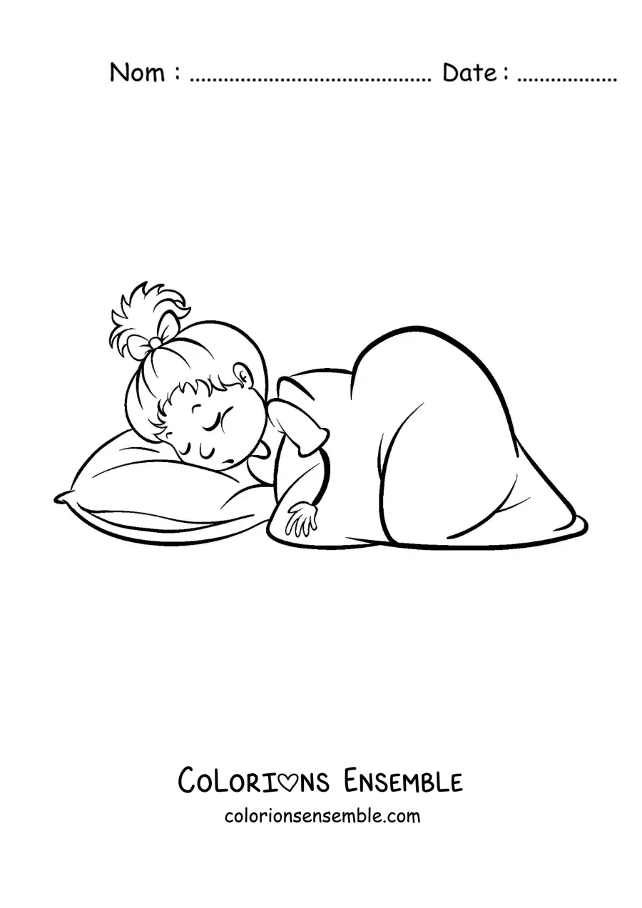 Image à colorier d'une petite fille animée qui dort sous une couverture