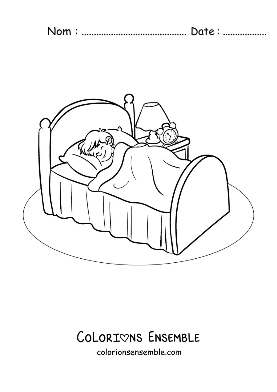 Image à colorier d'un petit garçon animé qui dort dans sa chambre avec un réveil