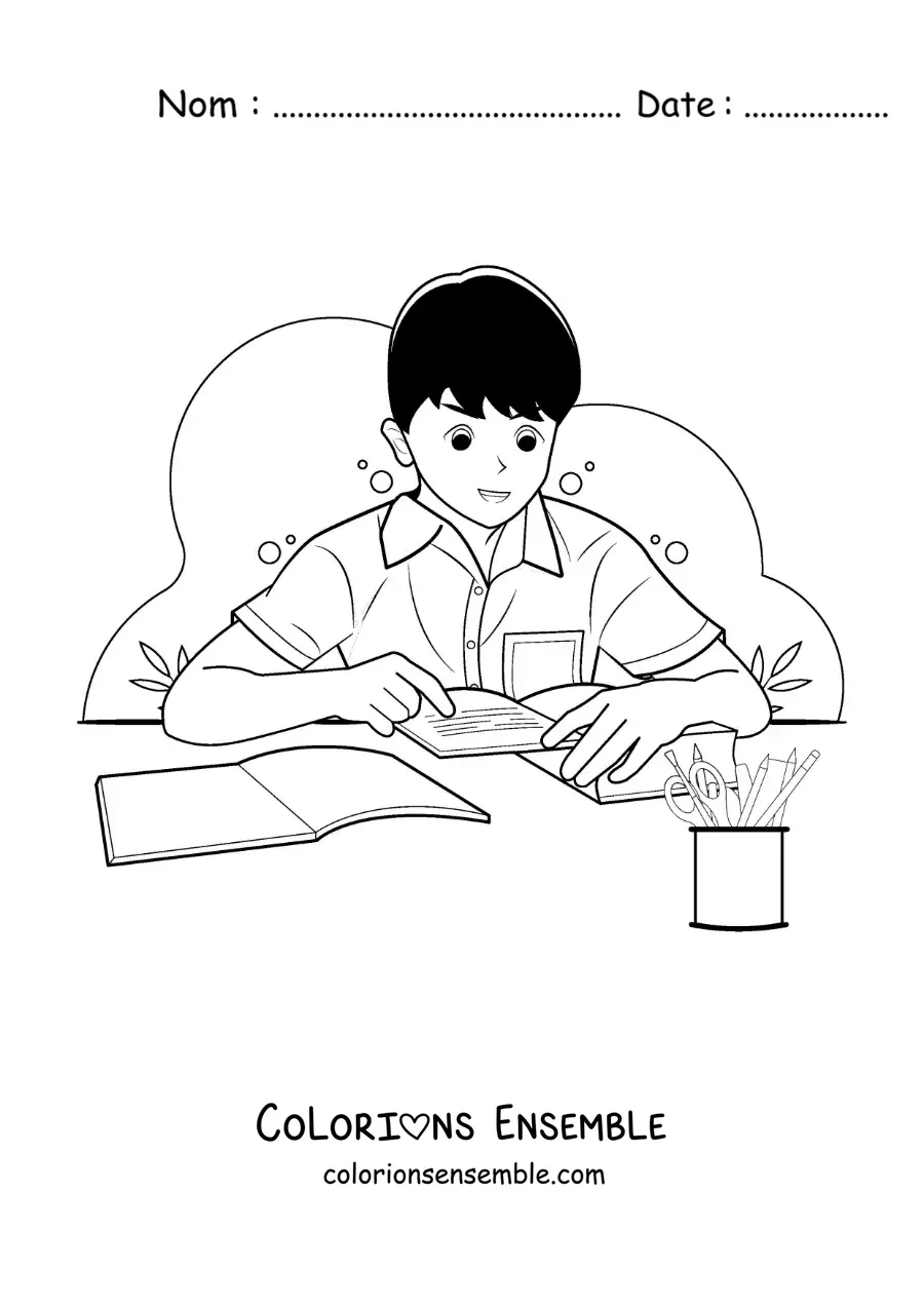 Image à colorier d'un petit garçon en uniforme qui étudie dans un livre