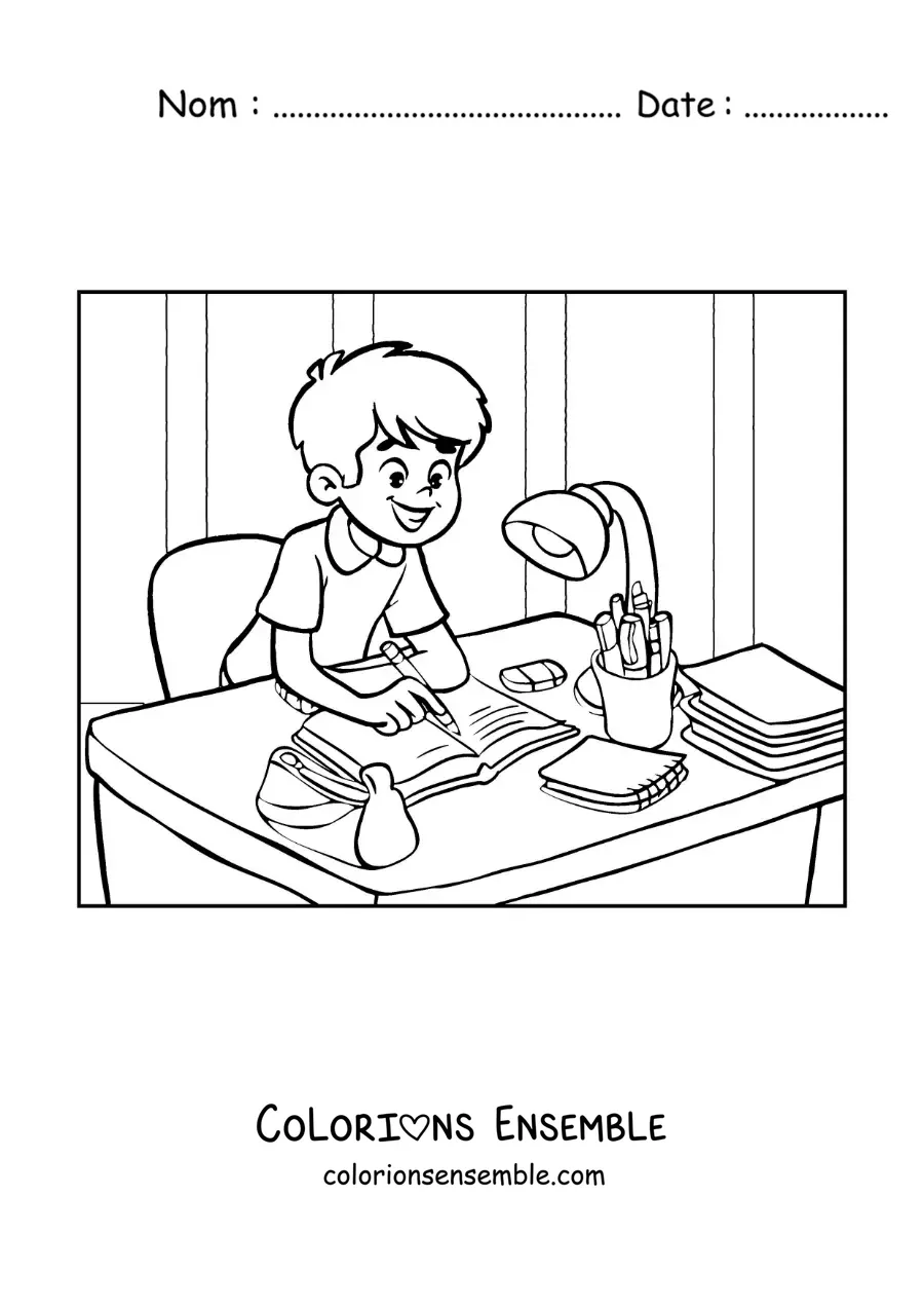 Image à colorier d'un petit garçon qui écrit ses devoirs à un bureau