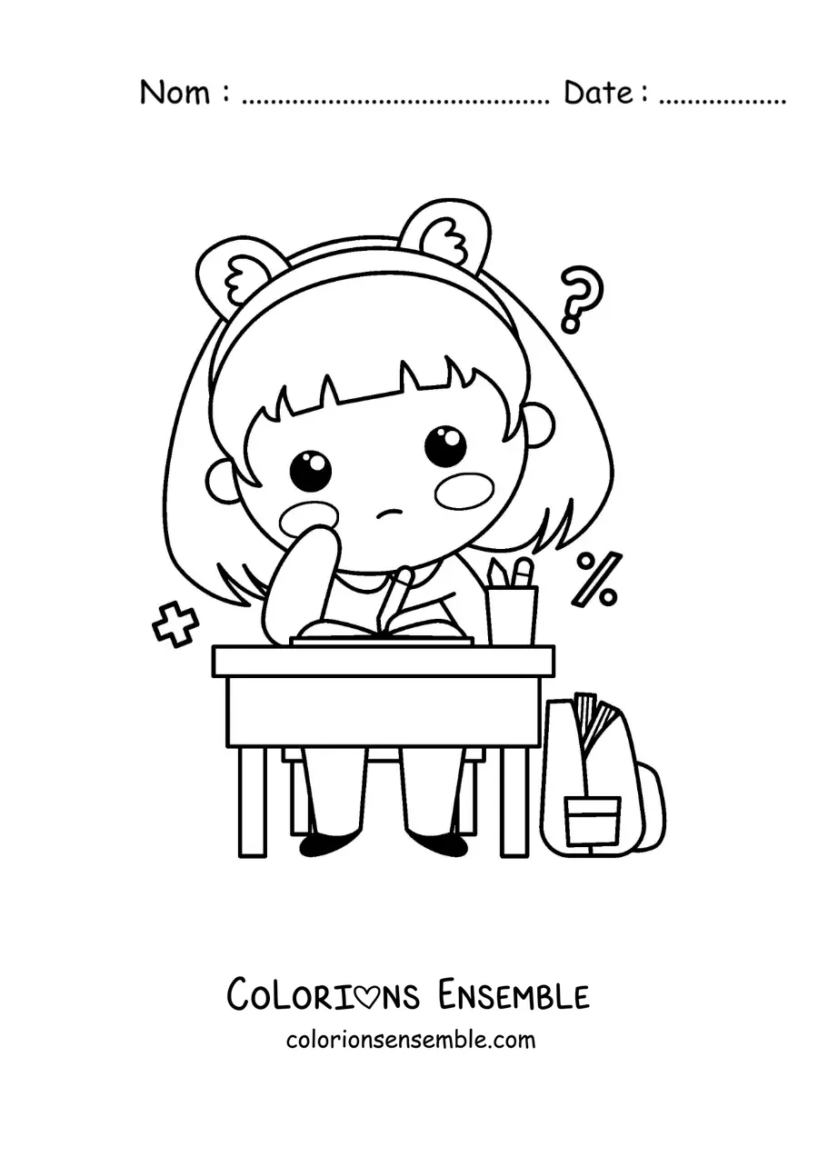 Image à colorier d'une petite fille kawaii qui fait ses devoirs de maths à un pupitre