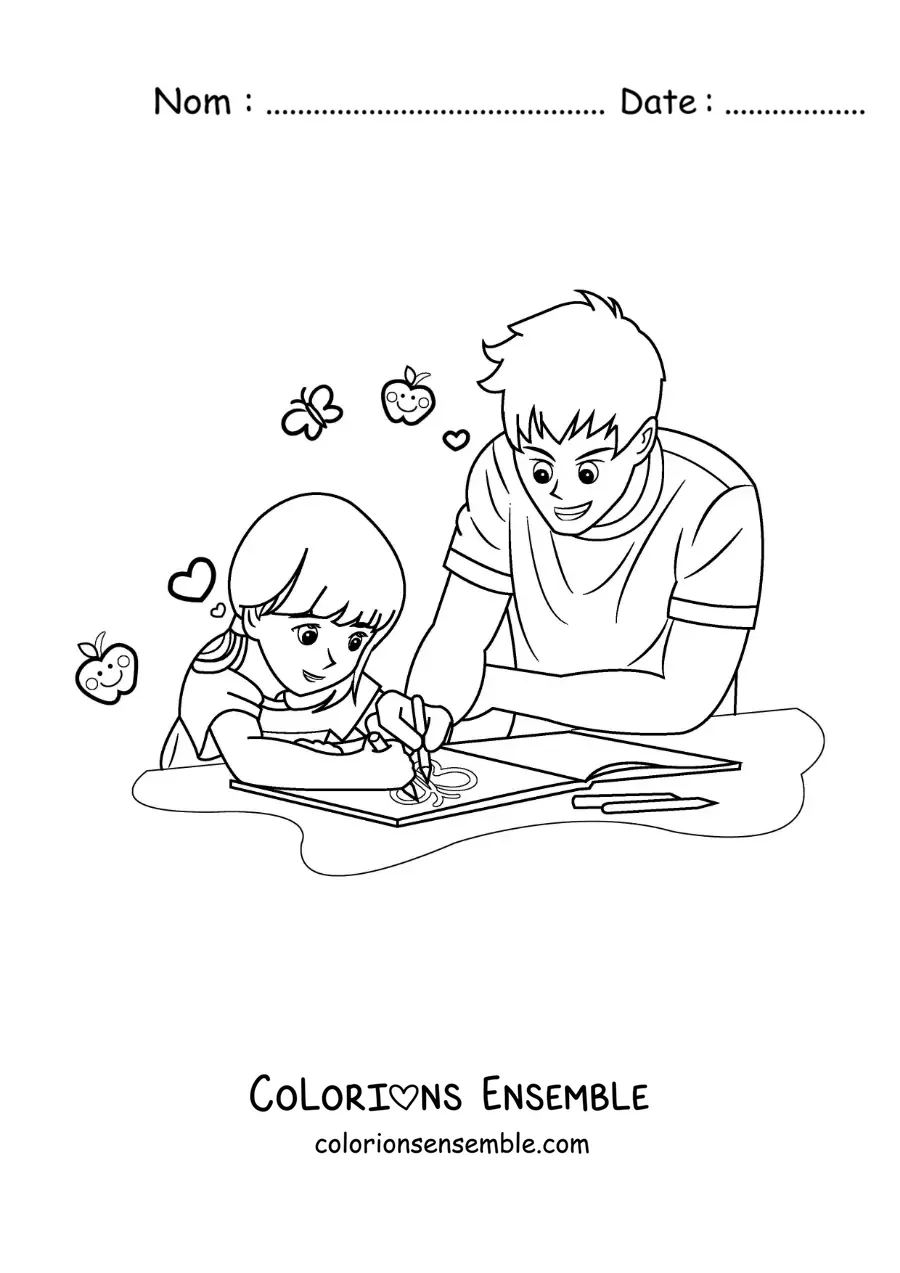 Image à colorier d'un papa qui aide sa fille à faire ses devoirs