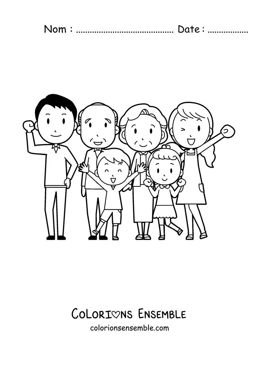 Image à colorier d'une famille de six membres