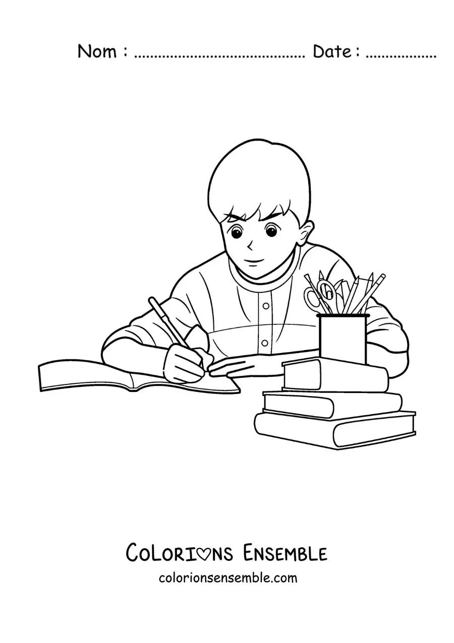 Image à colorier d'un petit garçon qui fait ses devoirs à table