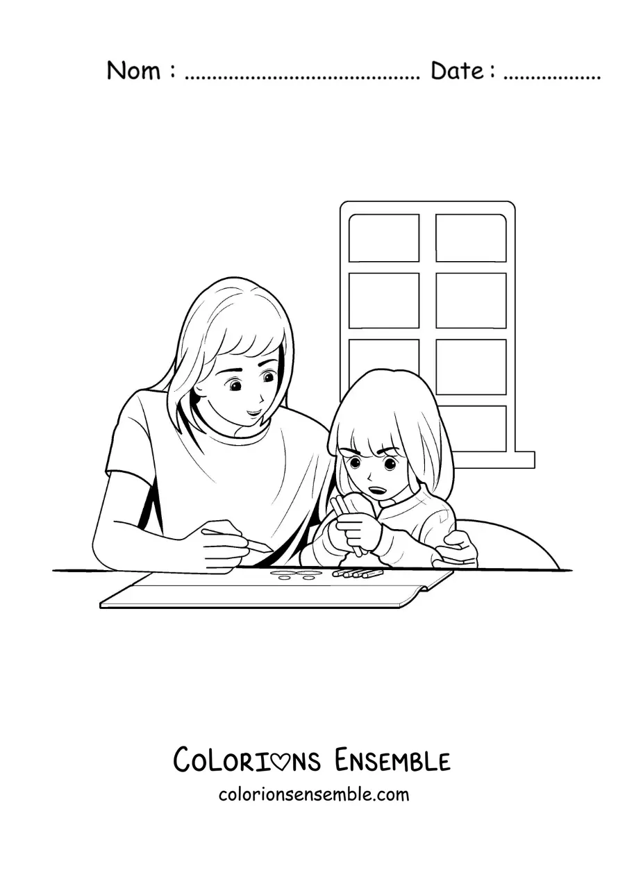 Image à colorier d'une maman qui aide sa fille à faire ses devoirs