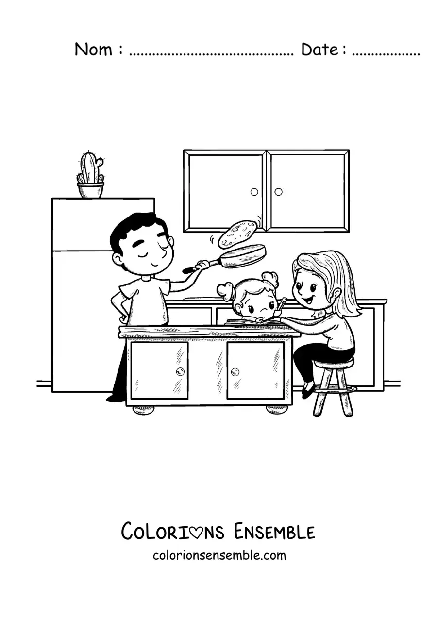 Image à colorier d'une maman qui aide sa fille avec ses devoirs pendant que papa cuisine