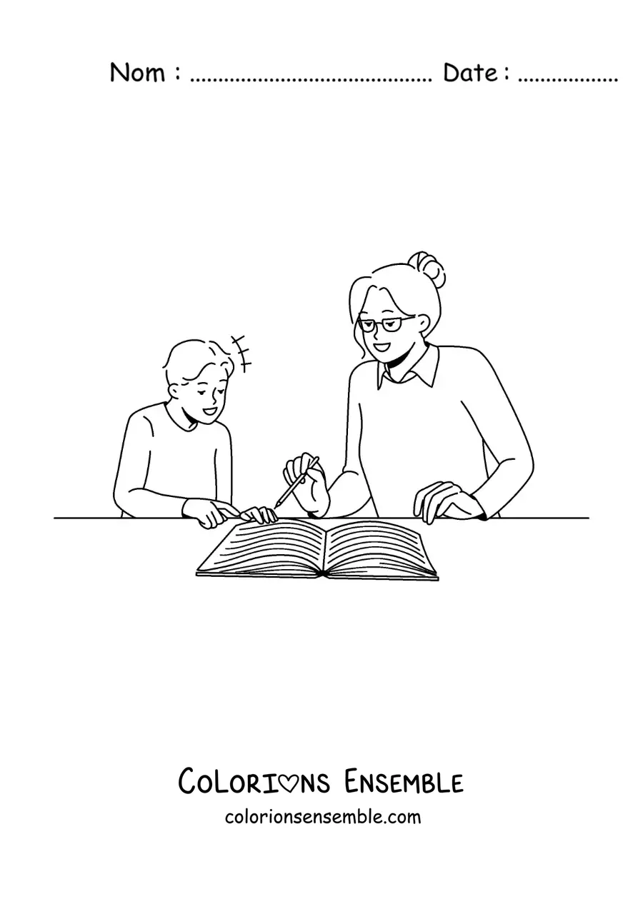 Image à colorier d'une maman qui aide son fils avec ses devoirs