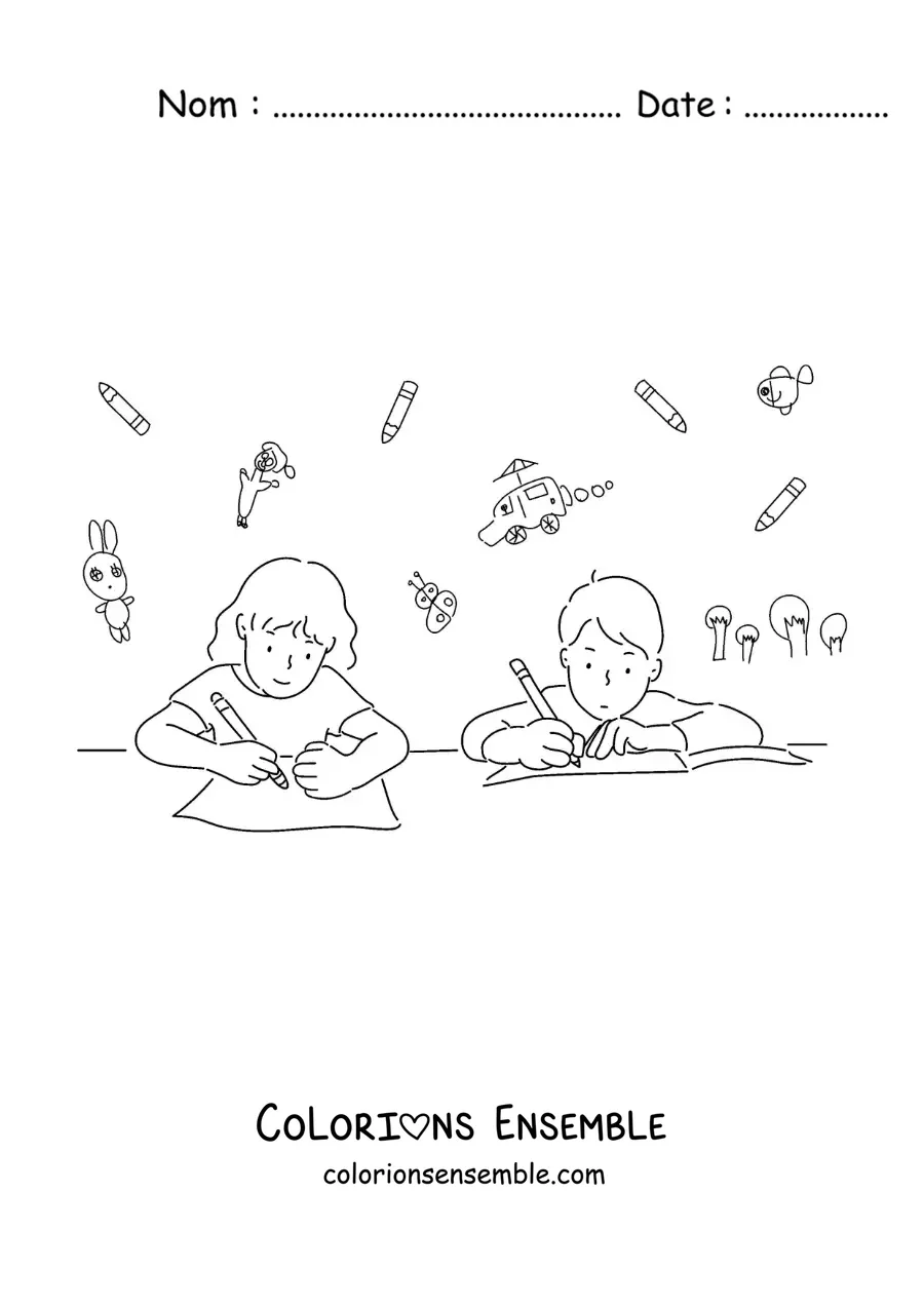 Image à colorier de deux enfants qui font leurs devoirs à table