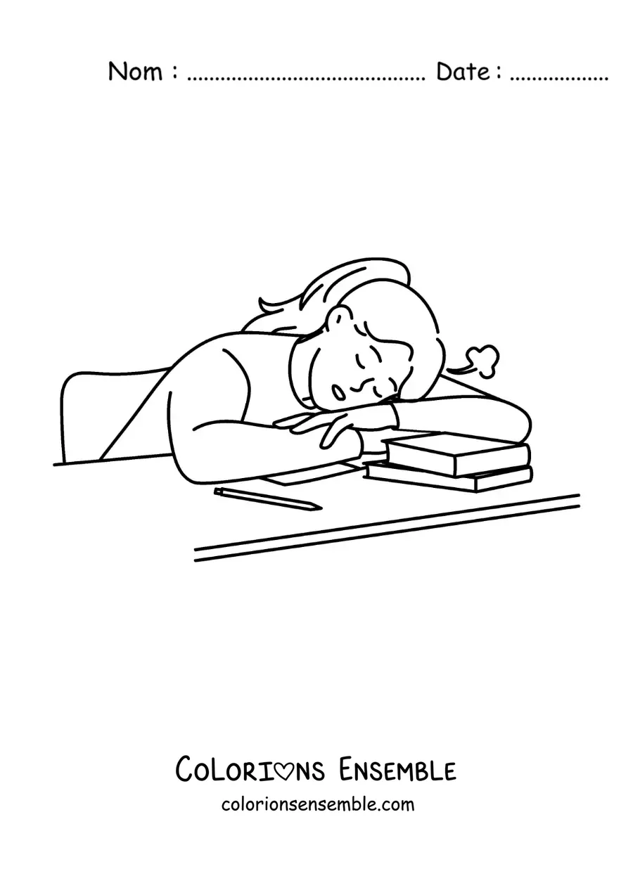 Image à colorier d'une petite fille endormie à table après avoir fait ses devoirs