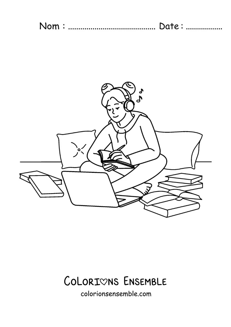 Image à colorier d'une petite fille qui fait ses devoirs à l'aide d'un ordinateur portable
