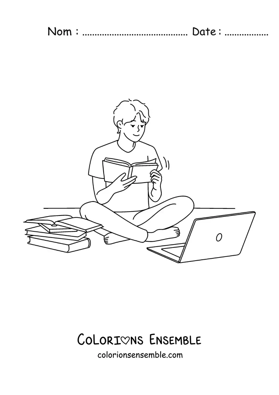 Image à colorier d'un petit garçon qui fait ses devoirs à l'aide d'un ordinateur portable