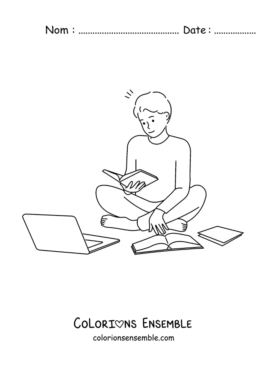 Image à colorier d'un petit garçon qui étudie pour l'école avec des livres et un ordinateur portable