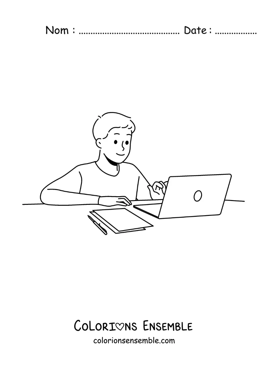 Image à colorier d'un petit garçon qui fait des recherches pour ses devoirs avec un ordinateur portable