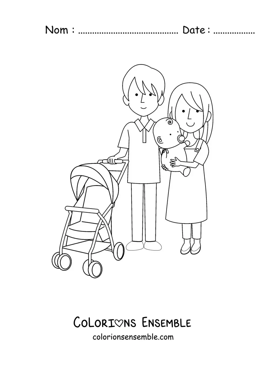 Image à colorier de deux parents qui promènent un bébé