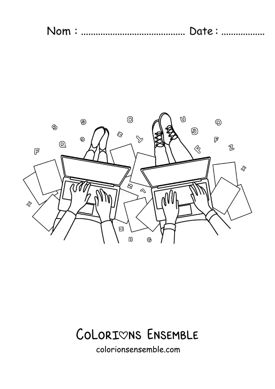 Image à colorier de deux jeunes assis qui font leurs devoirs sur des ordinateurs