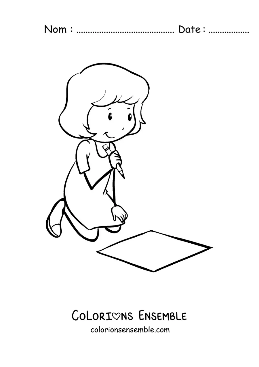 Image à colorier d'une petite fille qui écrit par terre