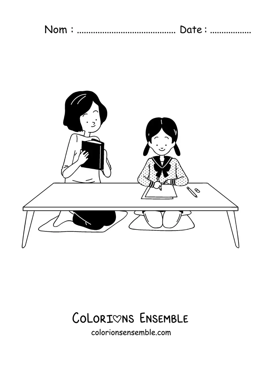 Image à colorier d'une maman qui aide sa fille avec ses devoirs après l'école