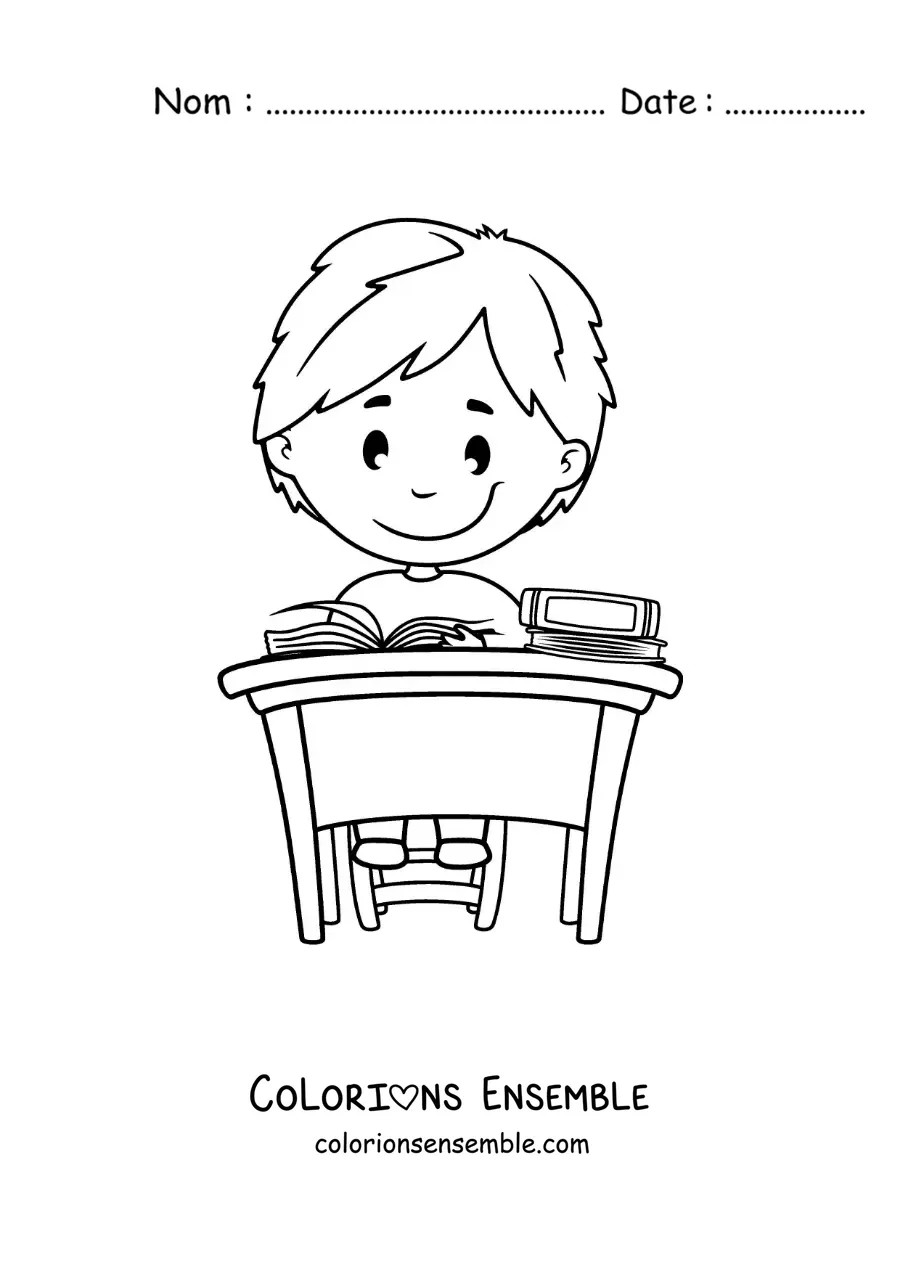 Image à colorier d'un petit garçon assis qui lit à un bureau