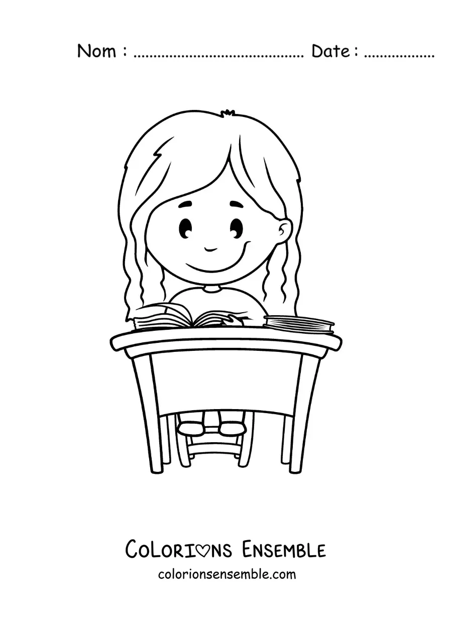 Image à colorier d'une petite fille assise qui étudie à un bureau