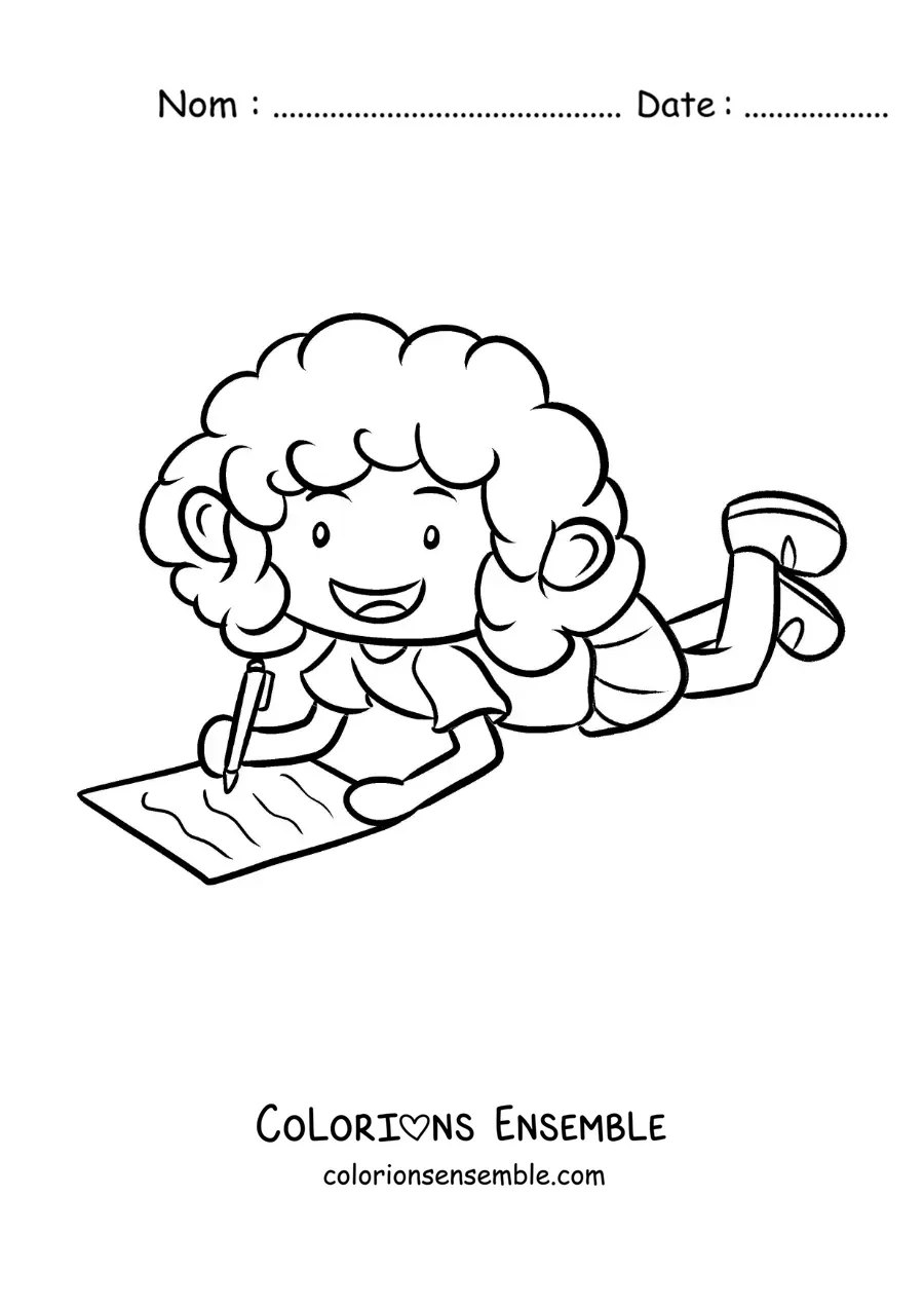 Image à colorier d'une petite fille qui écrit ses devoirs par terre