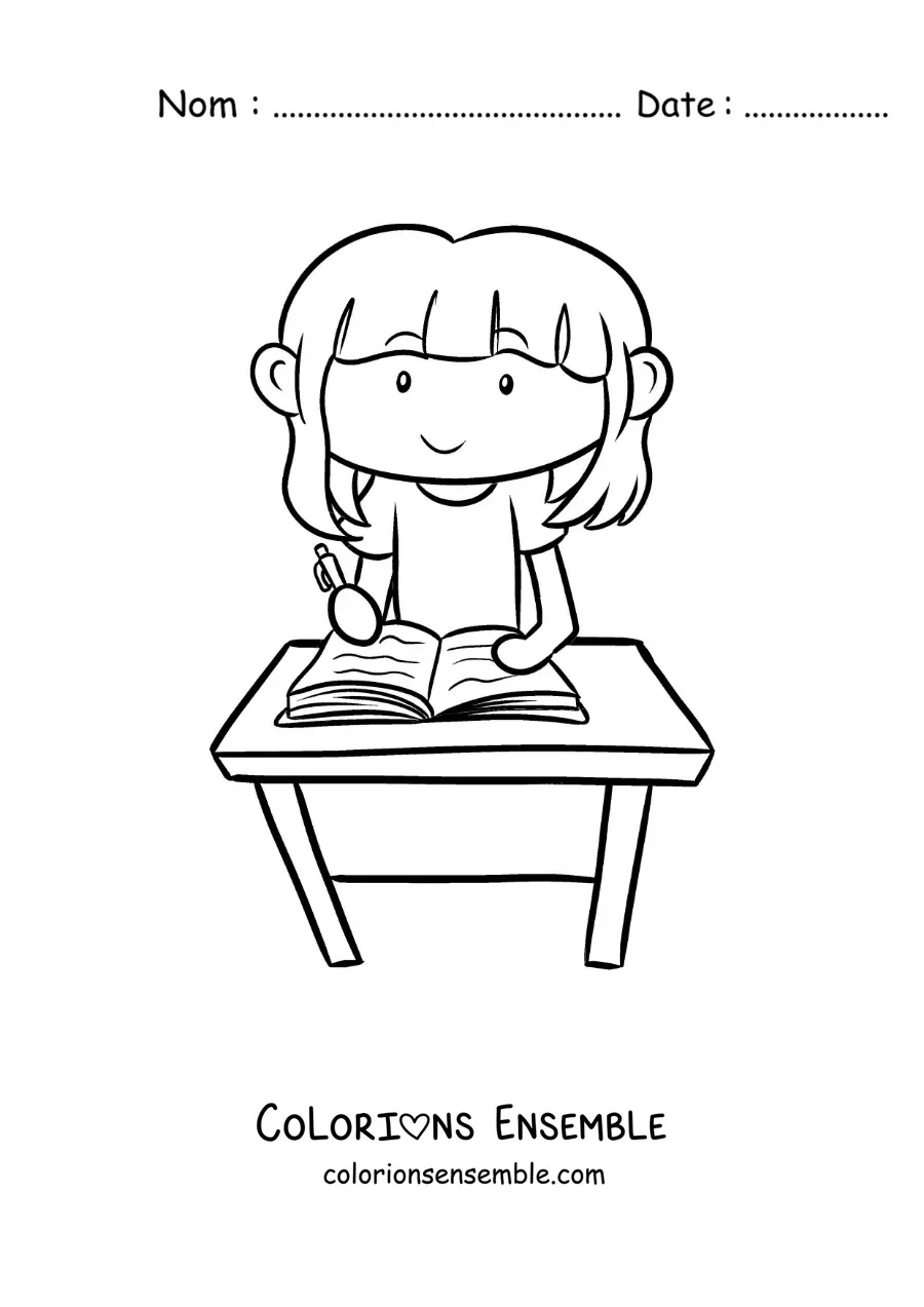 Image à colorier d'une fille qui écrit ses devoirs à un bureau