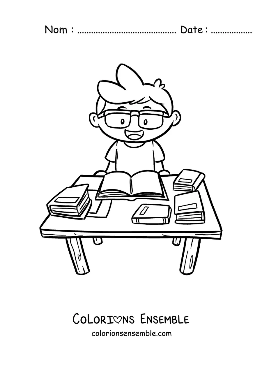 Image à colorier d'un garçon qui étudie à une table