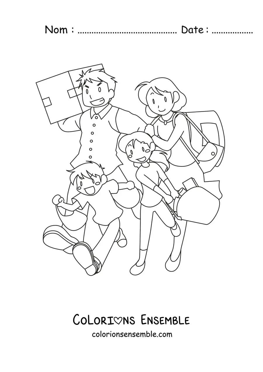 Image à colorier d'une famille qui fait les courses