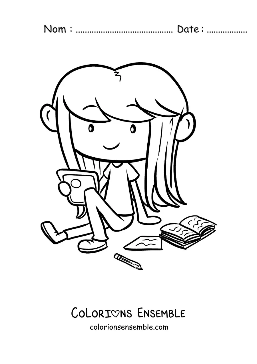 Image à colorier d'une fille qui étudie sur une tablette
