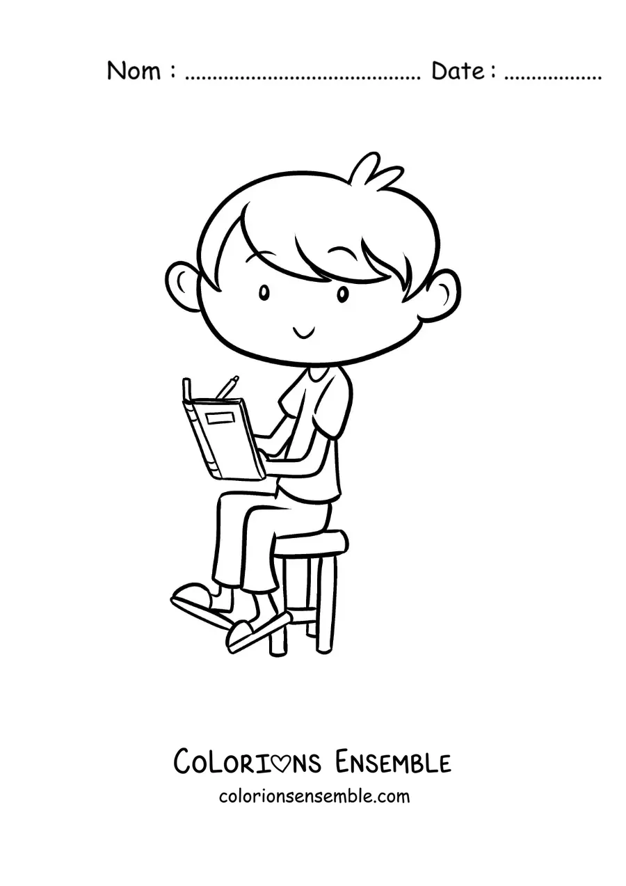 Image à colorier d'un garçon assis sur une chaise en train de faire ses devoirs