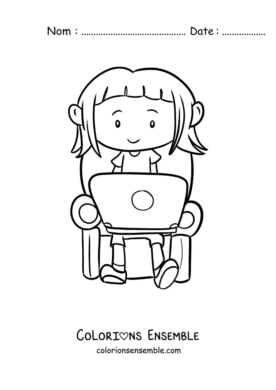Image à colorier d'une fille assise en train de faire ses devoirs sur un ordinateur