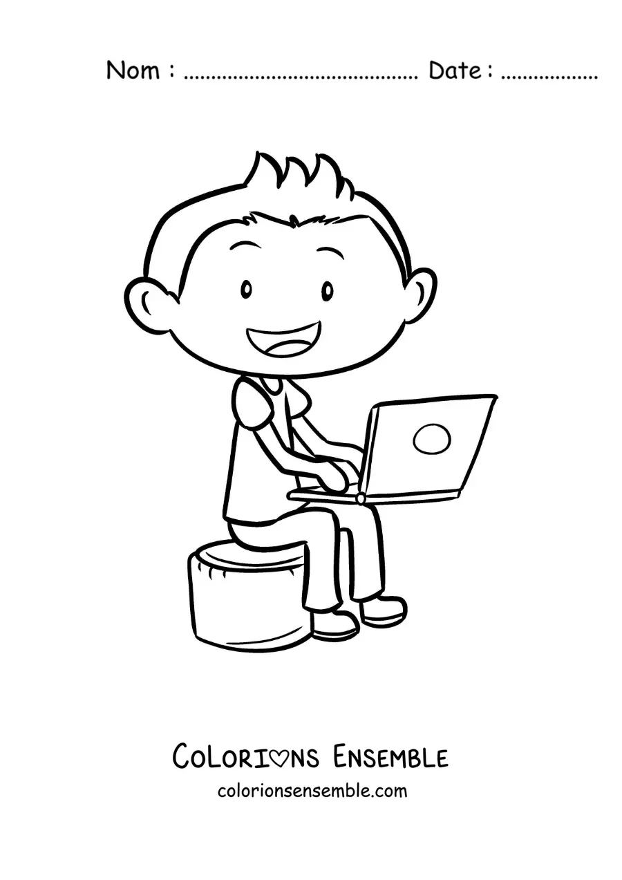 Image à colorier d'un garçon assis en train de faire ses devoirs sur un ordinateur