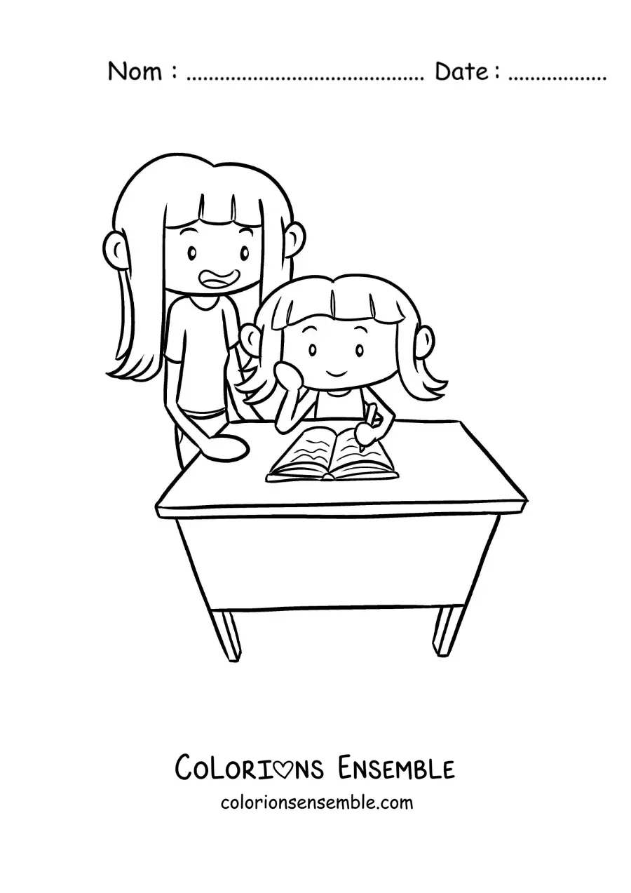 Image à colorier d'une fille qui aide sa sœur à faire ses devoirs