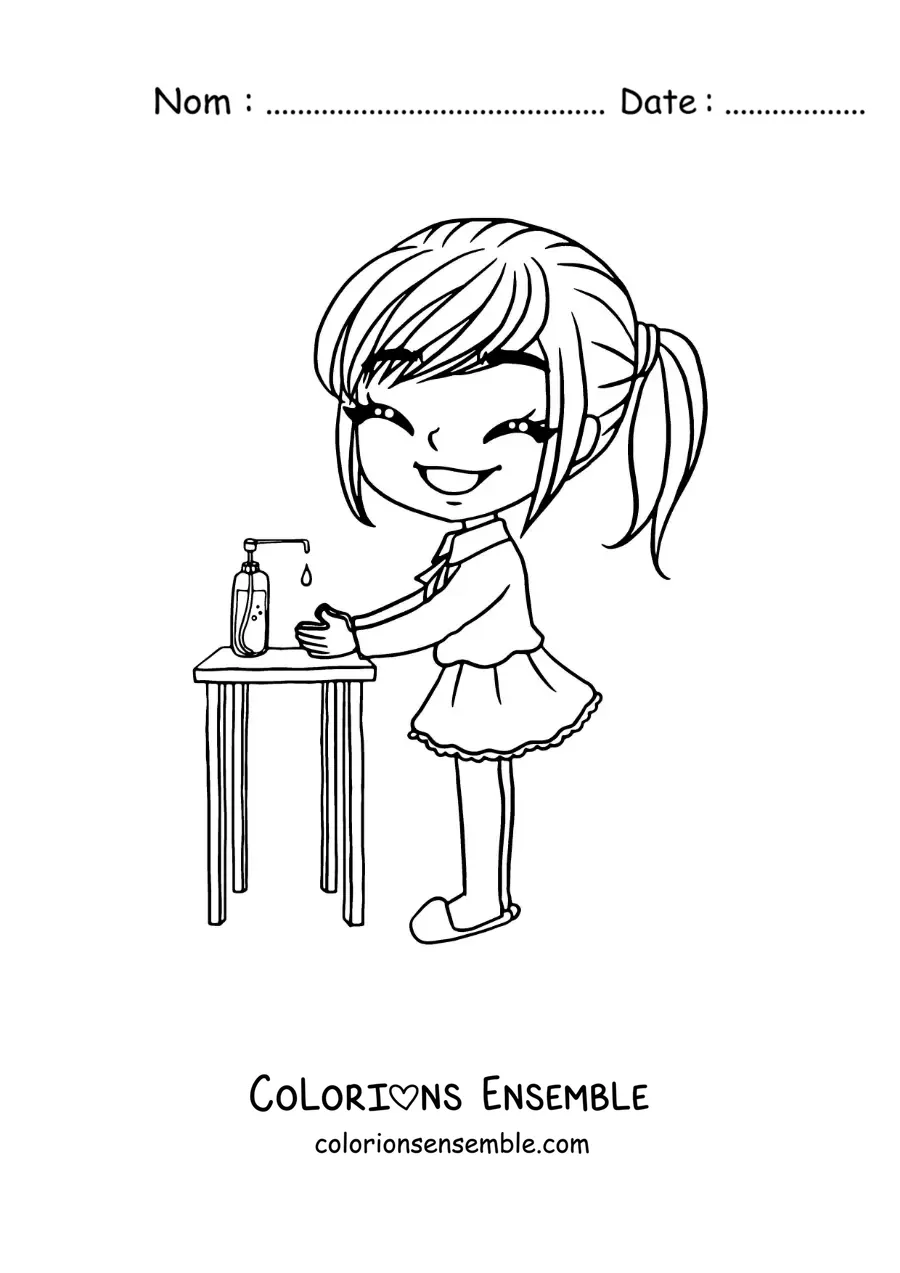 Image à colorier d'une fille kawaii qui se nettoie les mains avec du gel antibactérien