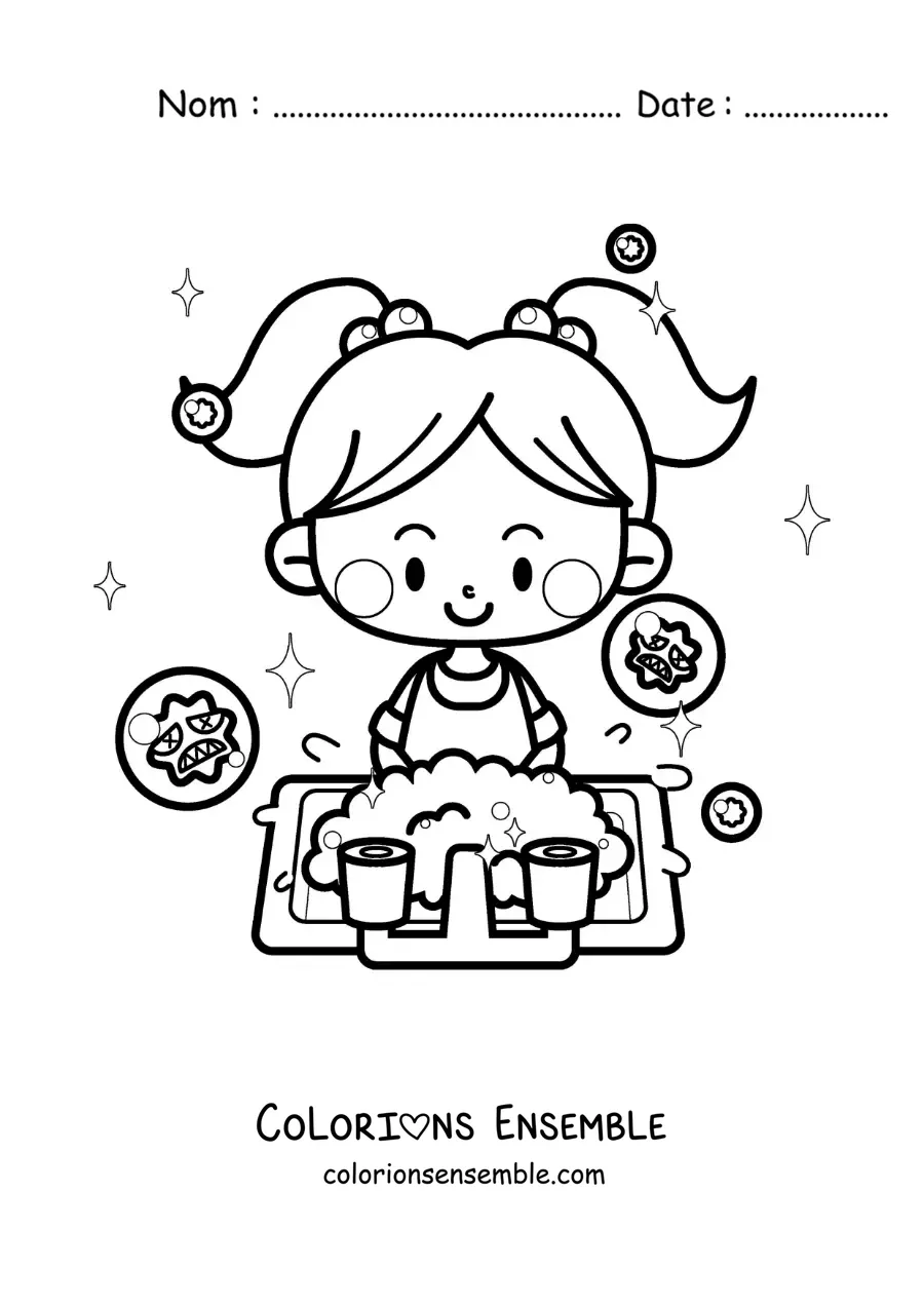 Image à colorier d'une fille kawaii qui se lave les mains pour se protéger des virus
