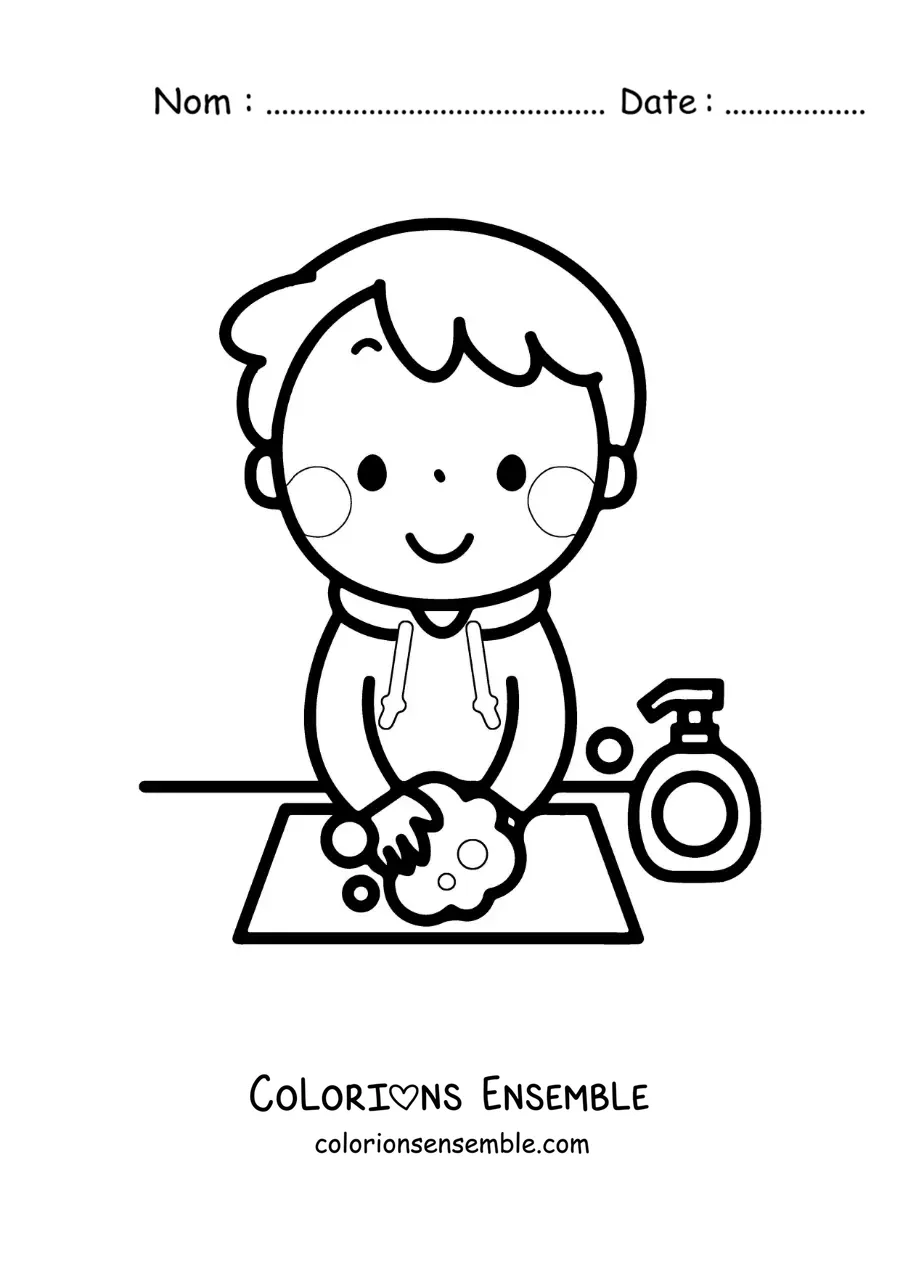 Image à colorier d'un garçon kawaii qui se lave les mains à l'eau et au savon
