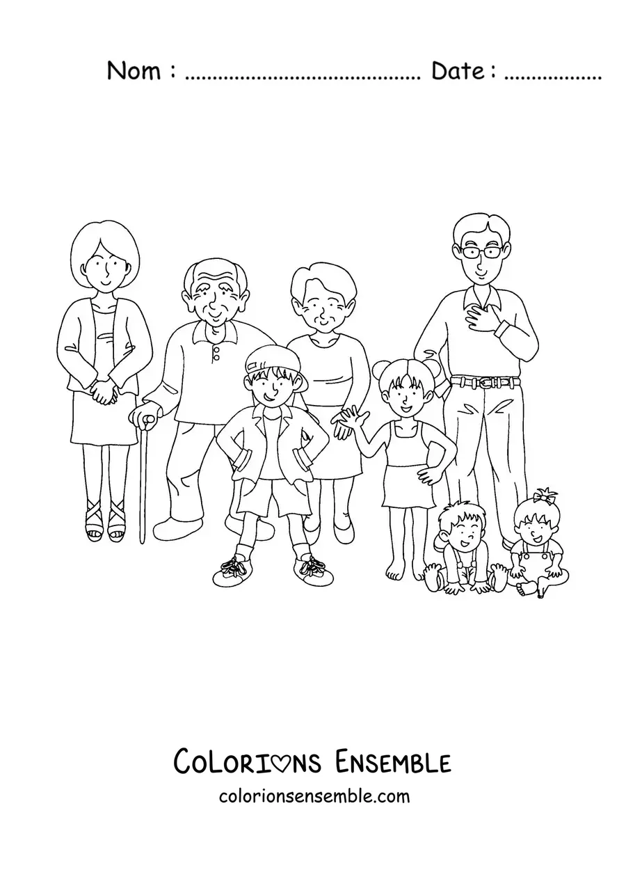 Image à colorier d'une famille nombreuse avec quatre enfants et deux grands-parents