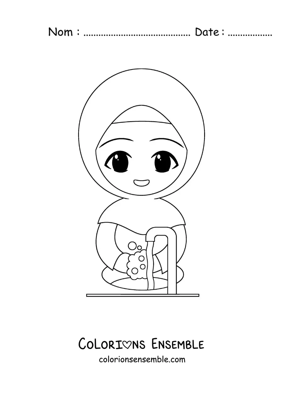 Image à colorier d'une fille portant un hijab qui se lave les mains