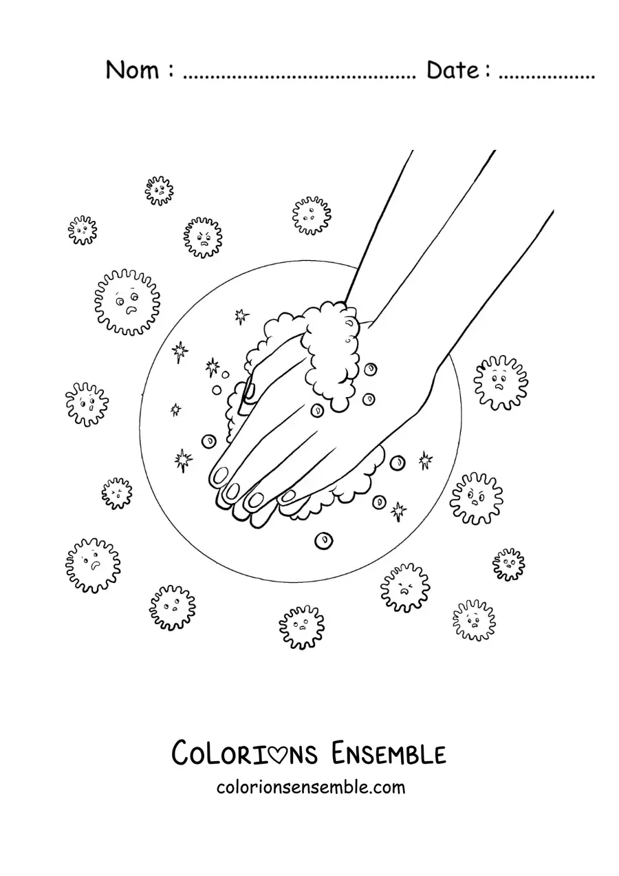 Image à colorier de deux mains pleines de mousse protégées d'un virus animé