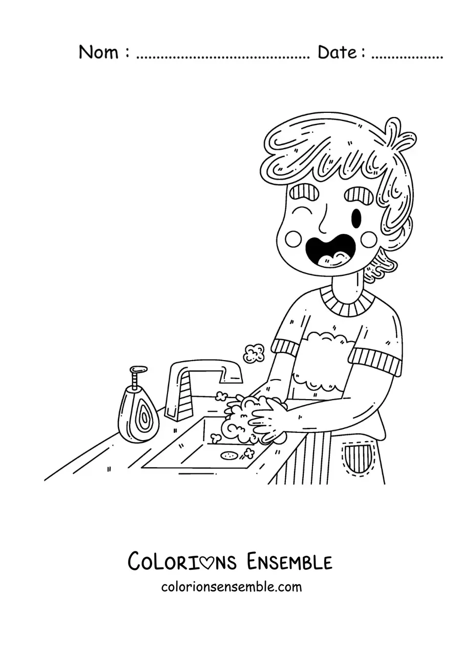 Image à colorier d'un garçon qui se lave les mains avant de manger
