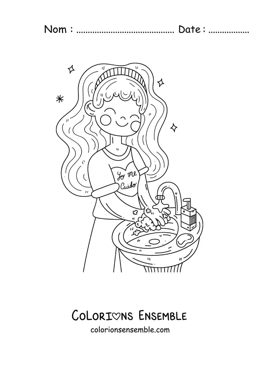 Image à colorier d'une fille qui se lave les mains avant de manger