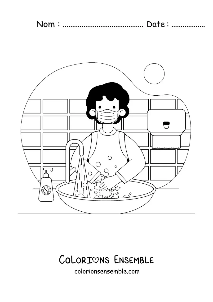 Image à colorier d'un garçon qui se lave les mains à l'eau et au savon à l'école