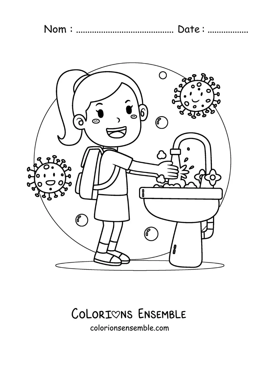 Image à colorier d'une fille qui se lave les mains à l'école pour prévenir les maladies