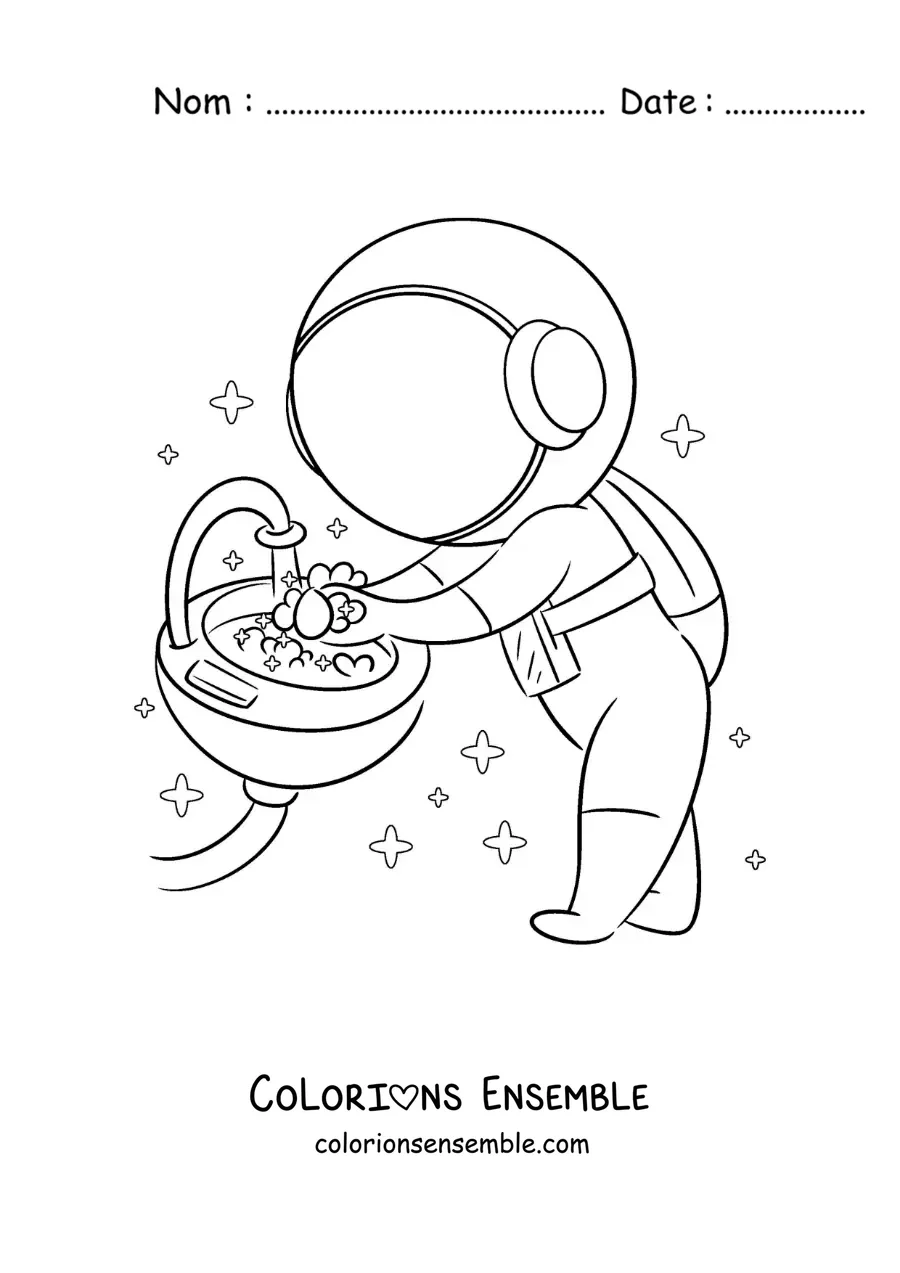 Image à colorier d'un astronaute de dessin animé qui se lave les mains