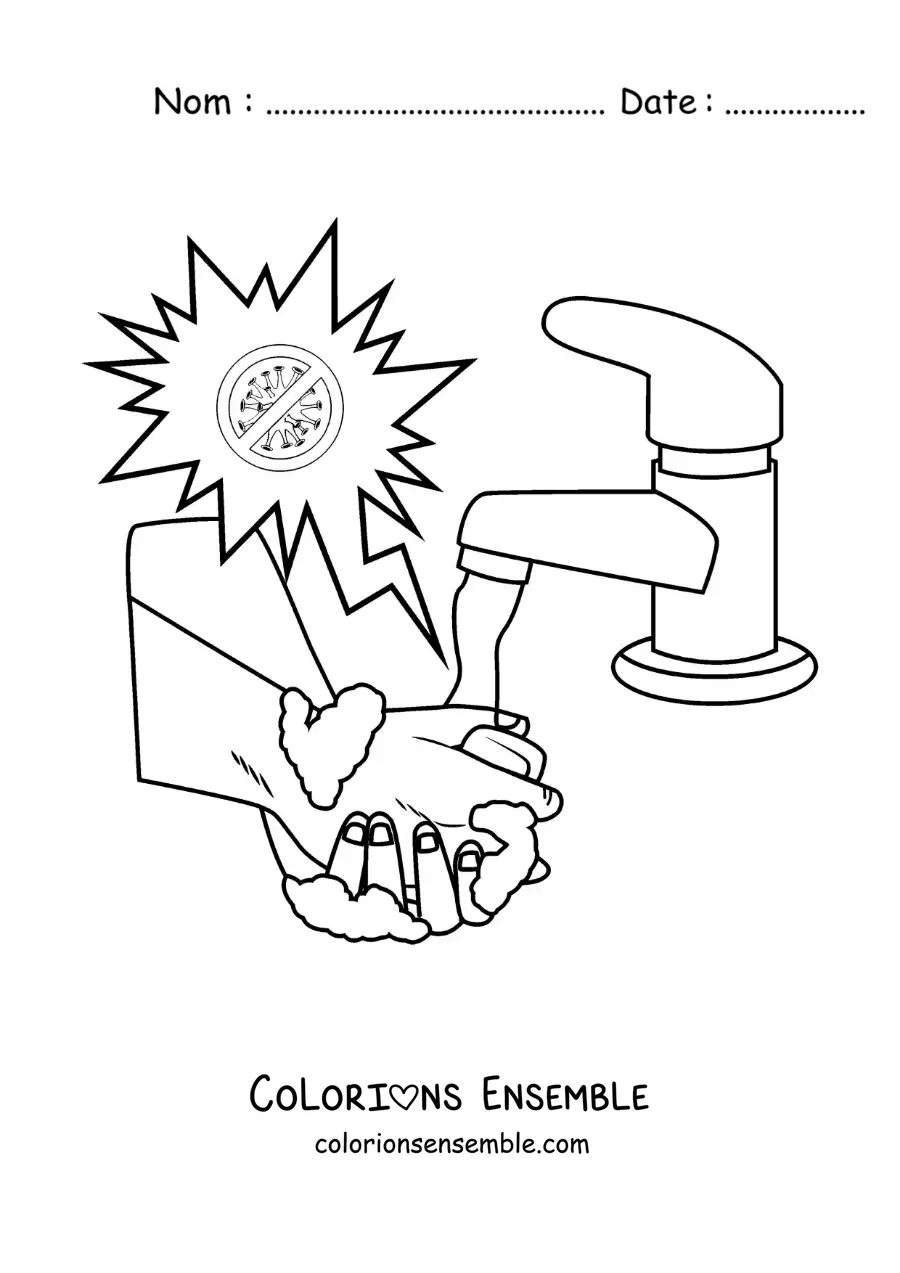 Image à colorier de deux mains pleines de mousse sous le jet d'eau, protégées d'un virus animé