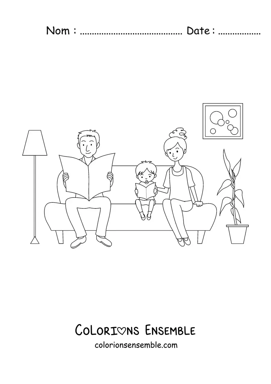 Image à colorier d'une maman et d'un papa assis sur le canapé avec leur petit garçon