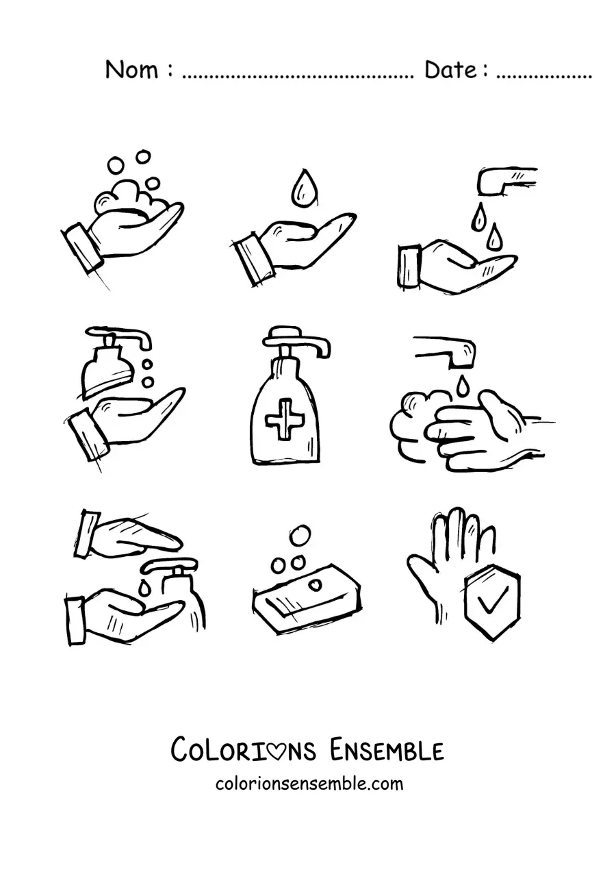 Image à colorier de symboles du lavage des mains