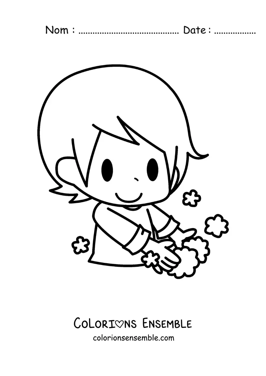 Image à colorier d'un garçon kawaii qui se lave les mains