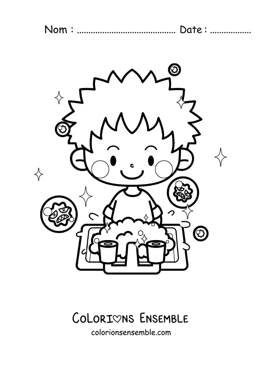 Image à colorier d'un garçon kawaii qui se lave les mains pour prévenir les virus