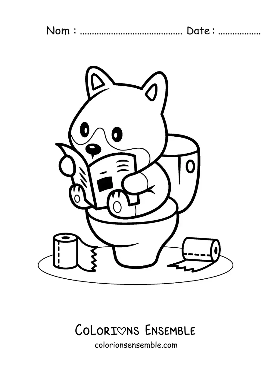 Image à colorier d'un chien de dessin animé qui lit le journal sur les toilettes