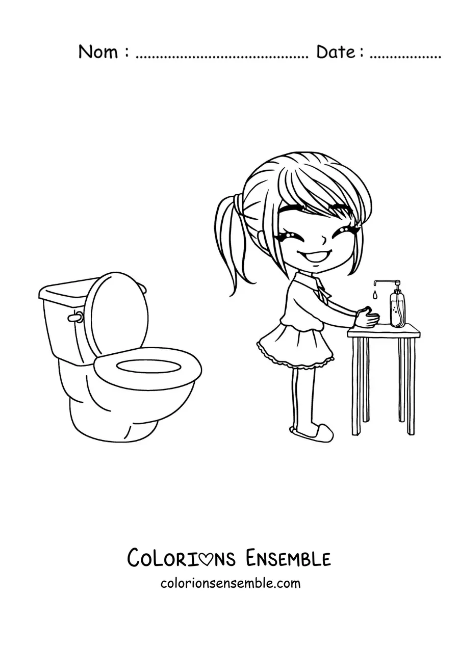 Image à colorier d'une fille qui se lave les mains après être allée aux toilettes